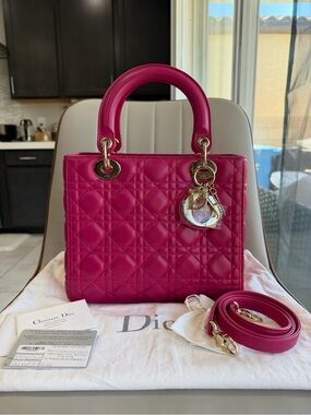 Lady Dior Cannage Quilted Lambskin Leather Fuchsia (medium)